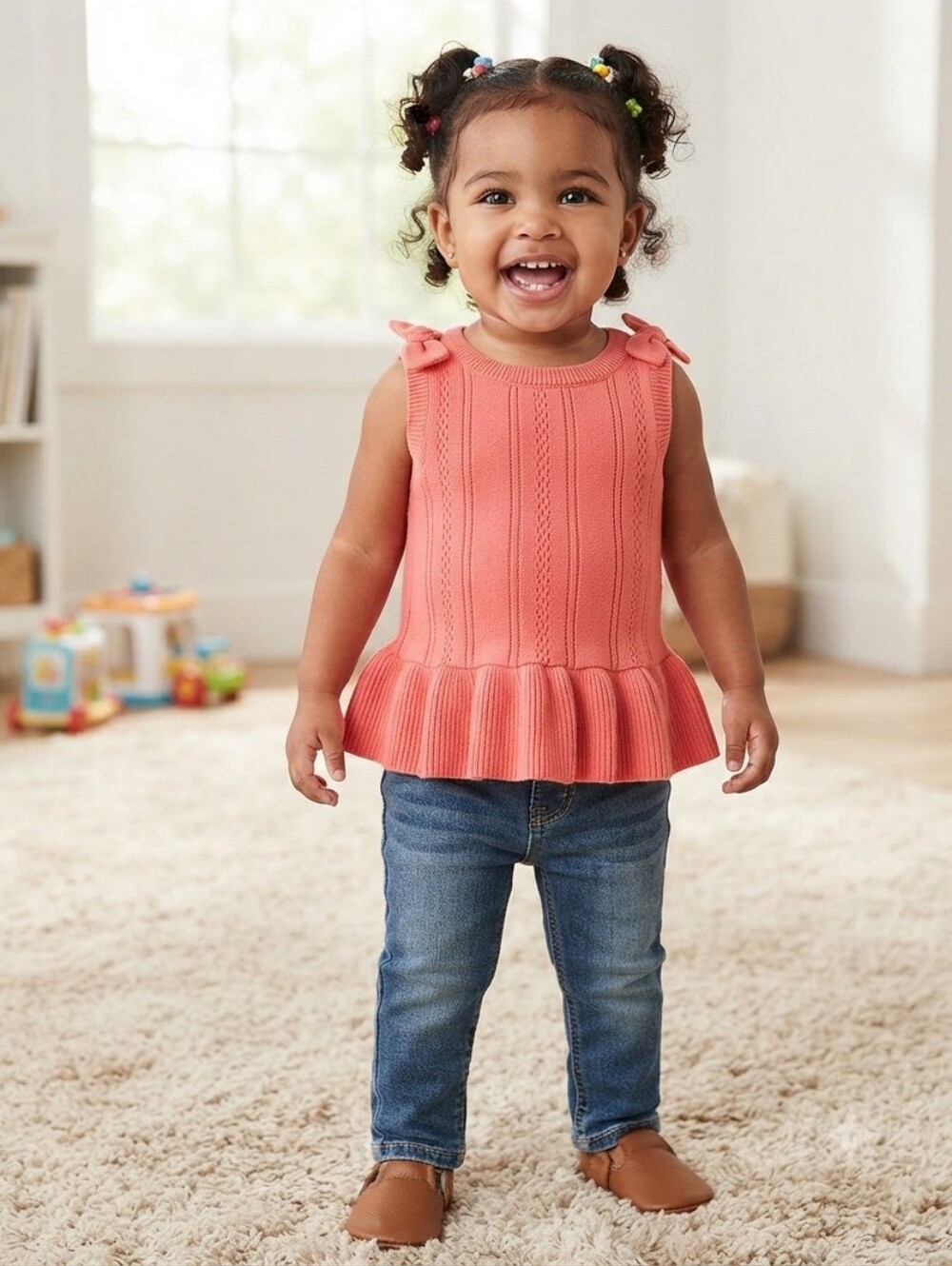Cat & Jack 18M Girls Denim Jeans in Blue And Coral Knit Tank Top